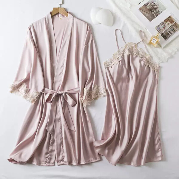 Ensemble nuisette et kimono en soie, robe col V inversé, et dentelle florale raffinée-RK7