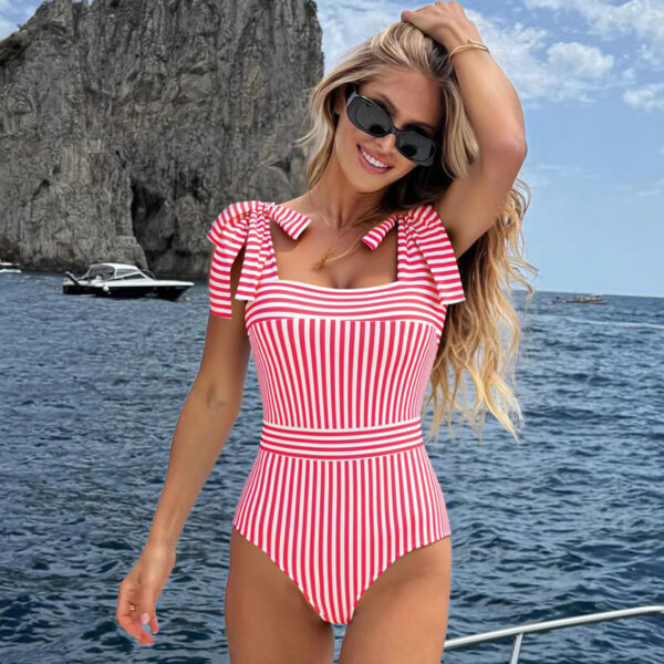 Maillot 1 pièce rétro à rayures et nœuds, avec rembourrage amovible- M6-1 Maillot 1 pièce rétro à rayures et nœuds, avec rembourrage amovible- M6-1