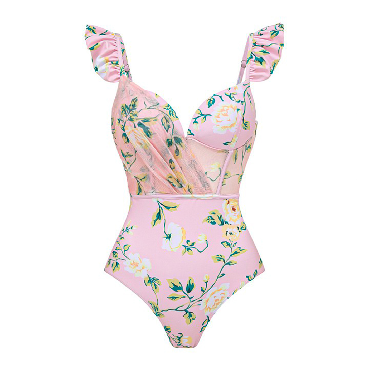 Maillot 1 pièce fleuri avec armatures, double rembourrage et bretelles à volants- M10 – Image 3