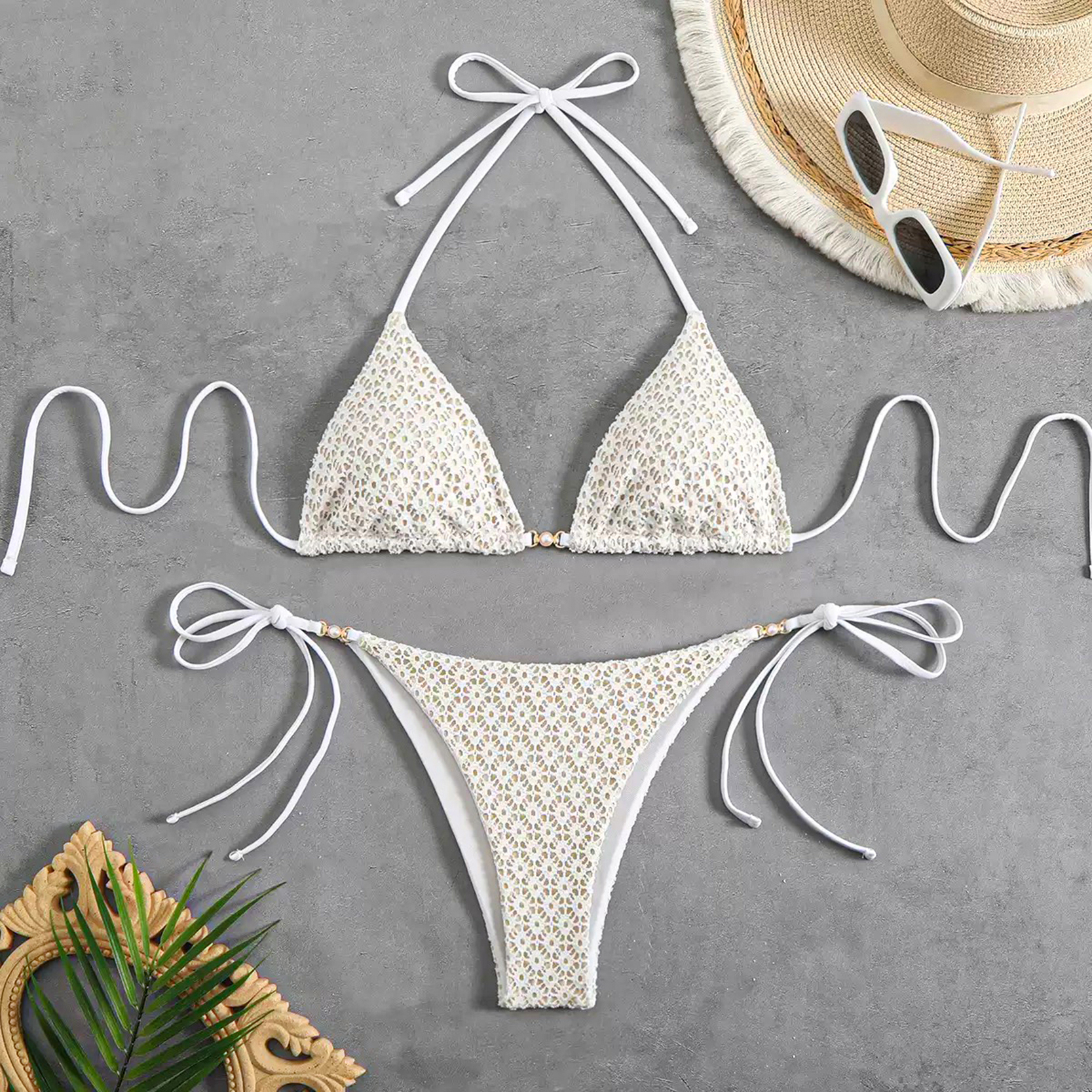 Maillot 2 pièces triangle effet broderie avec rembourrage amovible- M12 – Image 6